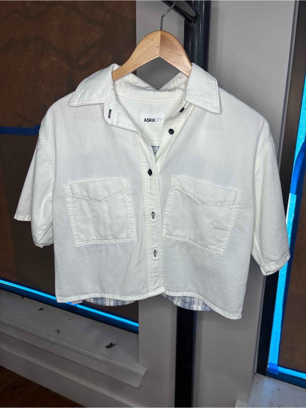 ASKK NY White Cropped Button-Down Pocket Shirt